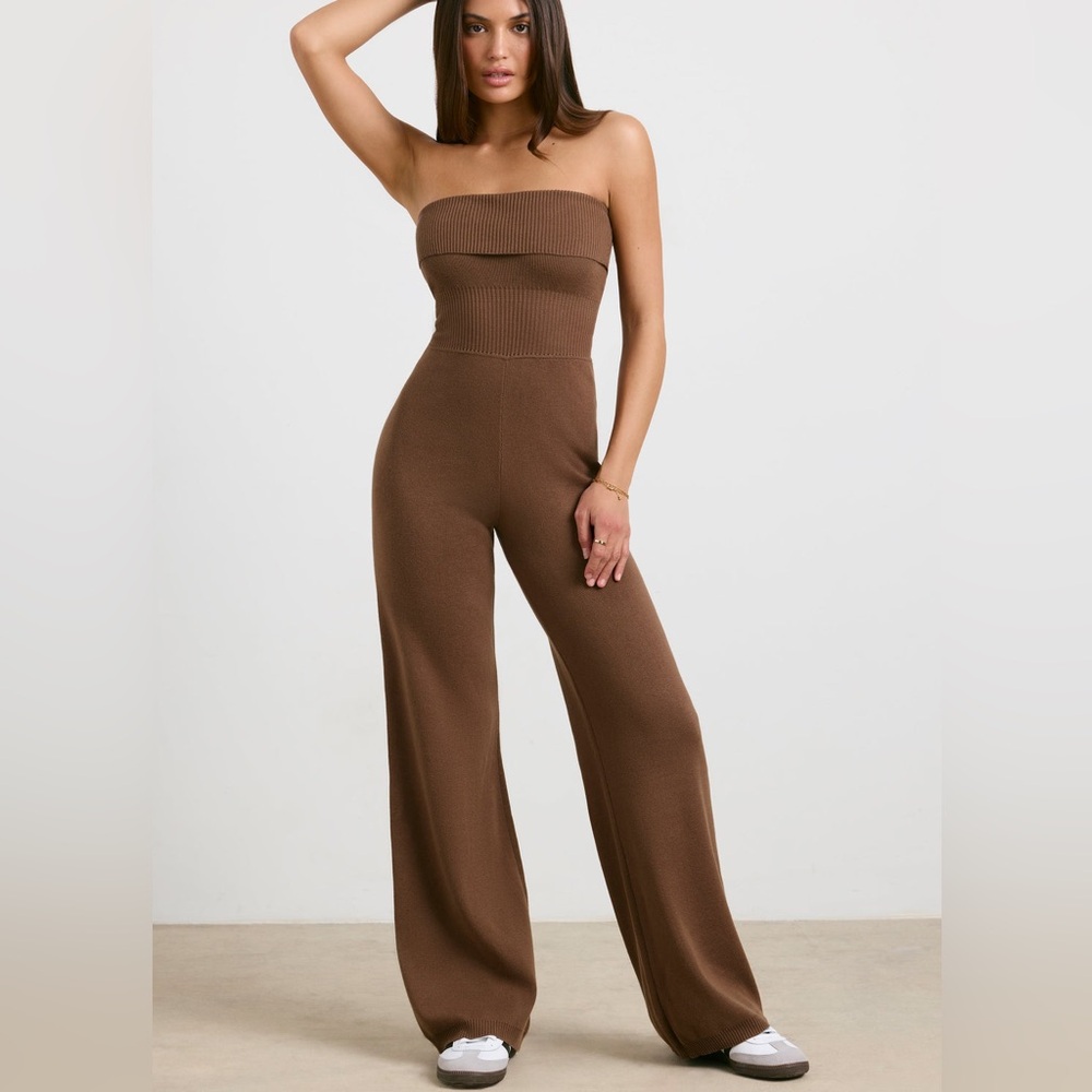 Chic Brown Fold Over Bandeau Jumpsuit - Picture 3 of 4